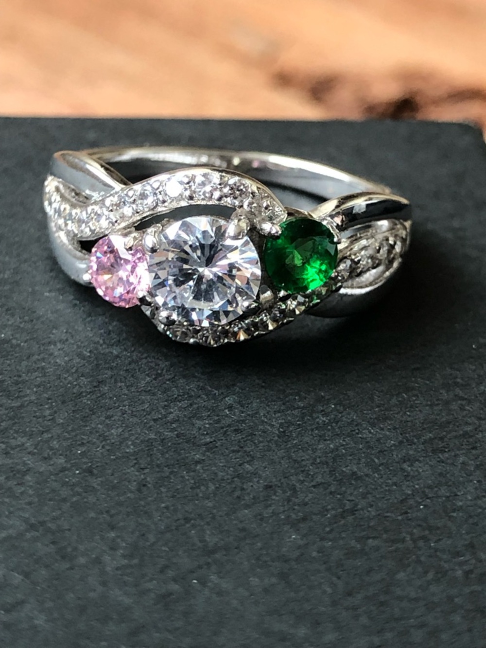 Brand New Eves Addiction Trio 925 Sterling  Ring with Clear, Green & Pink Gems